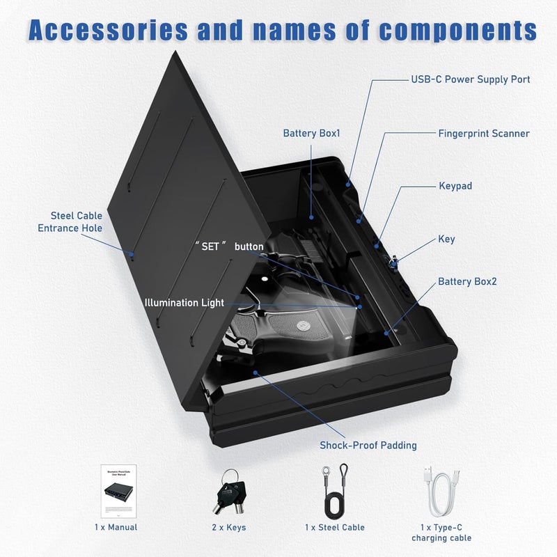 teentan Gun Safe, Biometric Gun Safe for Pistols - Quick-Access Handgun Safe with Fingerprint & Digital Keypad | Fits 2 Pistols | Silent Mode, Heavy-Duty Steel for Home, Nightstand, Car, and Bedside - Image 4